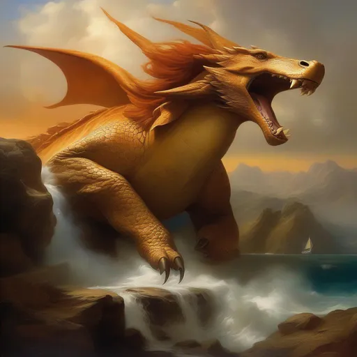 Prompt: (masterpiece, professional oil painting, epic digital art, best quality), A dragon ((A Turtle's Shell, a Lion's Mane, the head of a horse, wingless, the Body of a snake, the Paws of a Bear, the head of a human, the teeth of a shark, the skin of an octopus, Rhino horns,)). Desert Background, Blue Skies,