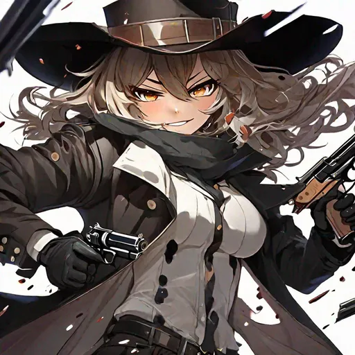 Prompt: insane cute anime character with wavy brown and white color hair in black trench coat and cowboys hat with a psychotic smile in a pistol standoff Dual wielding 2 revolvers lead over the top unloading rounds, bar theme, bullets flying everywhere, dull background, zoomed out, aesthetic scars, bloody, hallucinations, power, high definition, professional brush strokes 