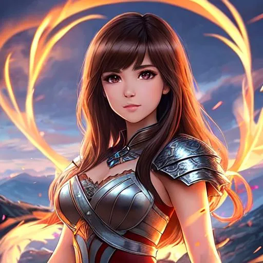 Prompt: (Art by IlyaKuvshinov) Pokimane, parted bangs, pet baby dragon, full portrait, high fantasy setting, brown hair, brown eyes, warrior princess, dancing pose, ethereal,(Masterpiece), Smooth, Female Character,((parted bangs), ultra-fine details, intricate scene, ambient lighting, soft glow,((full body shown)) elegant, symmetrical facial features, accurate anatomy, anatomically correct woman, cgi still, artgerm, taken on nikon d750, scenic, gossamer, iridescent, ethereal, auroracore, vaporwave, splash art, pixiv, tumblr, Unreal Engine