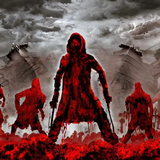 Prompt: digital art, 4k, masterpiece, horde of zombies, with pitchforks, milling around a rock, a lone survivor in a red hoodie is on the rock.
