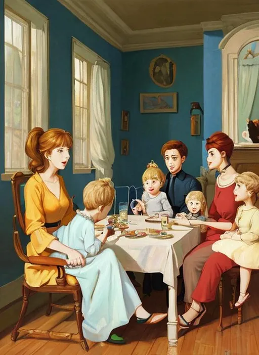Prompt: a painting of an animated family meeting

