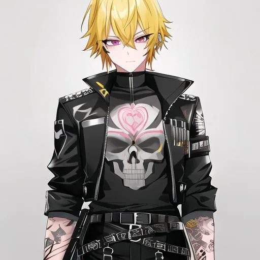 Prompt: Male (short yellow hair) pink vertical line tattoo's on his chest, skull tattoo on his arm, black pants with a skull belt

highly detailed face, 8K, Insane detail, best quality, UHD, Highly detailed, insane detail, high quality. 