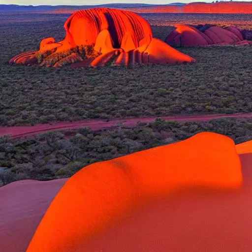 Prompt: Draw the massive rock formation in the center of the Australian desert, Uluru (Ayers Rock), with a background of a setting sun. Capture the orange gradient reflecting on the rock as the sun goes down.