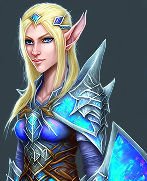 Prompt: Blond elf druid woman. She is wearing opal dragon armor with sapphire dragon shield. She is a mage.