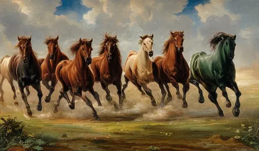 Prompt: canvas paintings of showing Seven (as in count 7) brown and dark-colored forward running horses in lust green field  in impressive, positive, attractive, and, energetic stride