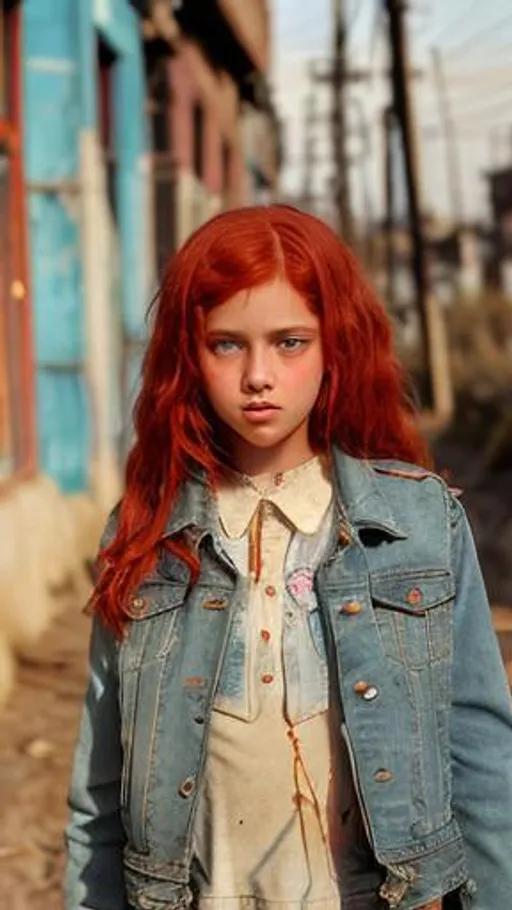 Prompt: the full body of a  girl, 12 years old, with fringed red hair and light blue eyes | curvy body,  big perky saggy | wearing thorn and ruined dirty clothes, old dirty leather jacket | symmetrical face, accurate anatomy, | dressed up in rugs | standing on deserted street, ruined houses, dirt, weeds, stray dogs, junk, rusty cars, broken cars | sharp focus, ultra-fine details, cinematic lighting, 4k | oil painting illustration, digital painting, scenic, wlop, artgerm, vastly ornate detailed background, vibrant colors, italian 