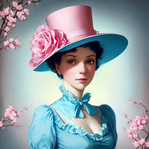 Prompt: Woman wearing light blue silk top hat.  Pink blossoms on light blue silk top hat. Gorgeous glowing beautiful charming cute, kind ghost woman portrait by gil elvgren , artgerm, catrin welz-stein, tom bagshaw, sachin teng, Viktoria Gavrilenko. Best quality 