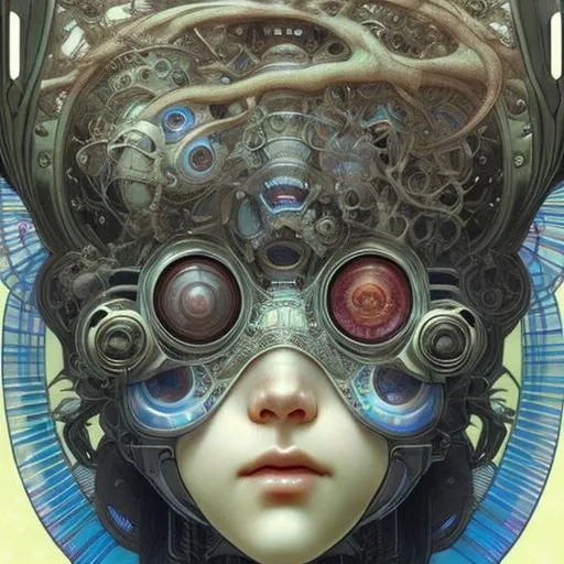 Prompt: tachikoma, beautiful face features, symmetrical face, cybernetic, hyper realistic, ethereal, Alphonse mucha, beautiful eyes, Akihiko yoshida, confused face