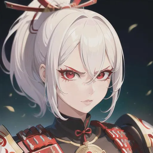 Prompt: (masterpiece, illustration, best quality:1.2), ponytail, short white hair, red eyes, wearing samurai armour, portrait, (mean face), best quality face, best quality, best quality skin, best quality eyes, best quality lips, ultra-detailed eyes, ultra-detailed hair, ultra-detailed, illustration, colorful, soft glow, 1girl, beautiful girl, princess like, samurai theme