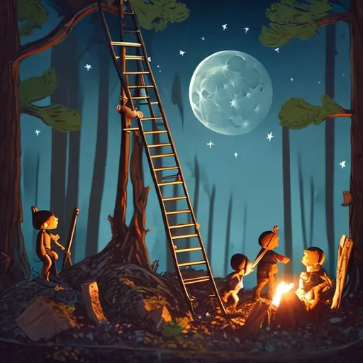 Prompt: tiny people climbing a ladder to the moon dark night, forest, campfire



