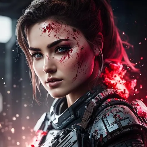 Prompt: create beautiful fictional female elite space soldier from future who is battle scarred and covered in blood, extremely, detailed environment, detailed background, intricate, detailed skin, natural colors , professionally color graded, photorealism, 8k, moody lighting


