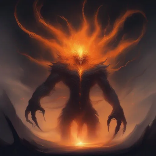 Prompt: a gigantic chaos calamity monster made from wisps of darkness and you could see the orange energy under. It stands tall and slender high above the earth, its power greatest of its kind. A god of chaos