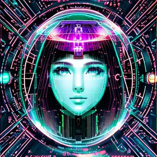 Cyberpunk, girl, workstation, neon, space, fish-eye view