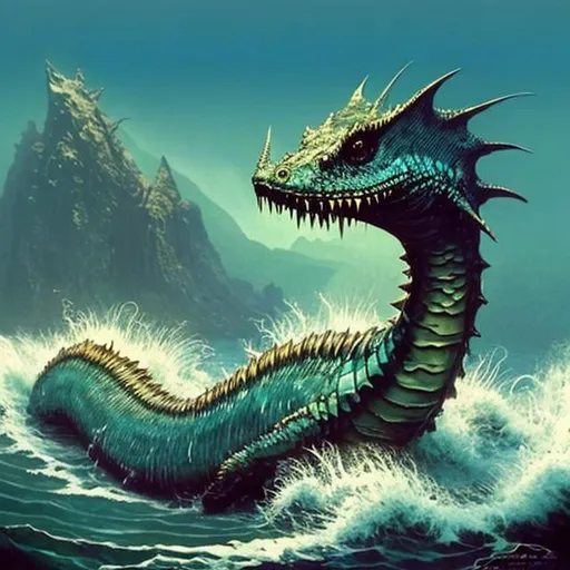 Prompt: a sea serpent monser with gills and spines, webbed fins, and appears to be a mile long. Splashing and crashing water surrounds it as it breaches the surface of a briney seascape with a far off horizon, the monster glistens, frank frazetta, boris vellejo