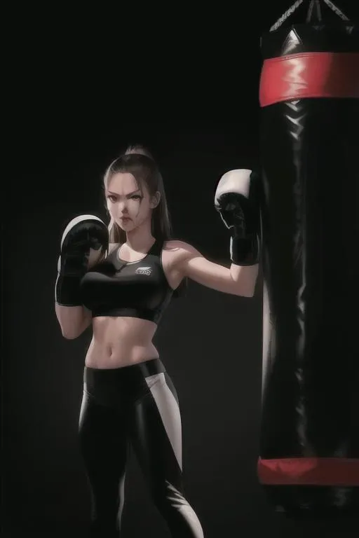 Prompt: punching bag punching, high quality, punching bag,Best quality, tall girl, (punching bag:1.2), master piece, leggings , muscle, blood, punching bag, latex ,ultra detailed, realistic, 4k, fight punching, open finger gloves ,anime style,punching fighting, beauty girl, pretty ,detailed face, punching bag smash 