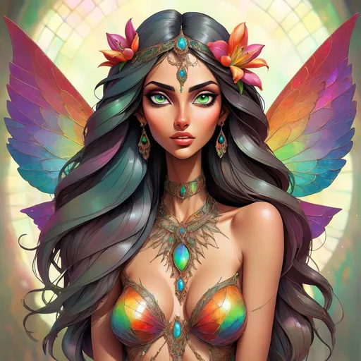 Prompt: vibrant inkpunk style photo of a full body bare breasted Arabian woman with beautiful eyes with fairy wings made of Ammolite, she is feeling pleasure, detailed tulipa, intricate detailed linework, intricate eye details, beautiful colors, high quality, detailed wings, elegant, intricate linework, vibrant colors, inviting pose, professional, atmospheric lighting