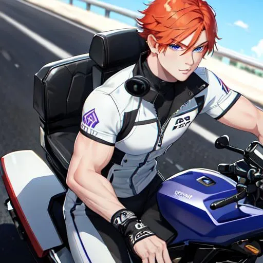 Prompt: Erikku male (short ginger hair, freckles, right eye blue left eye purple) muscular, riding a motorcycle. UHD, 8K, Highly detailed, wearing biker gear, driving on the freeway