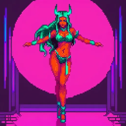 Prompt: a beautiful female demon in a dynamic pose in a retro futuristic synthwave cyberpunk neon paradise.  neon lighting, high quality, beautiful, masterpiece, artistic, synthwave, cyber, retro, futuristic