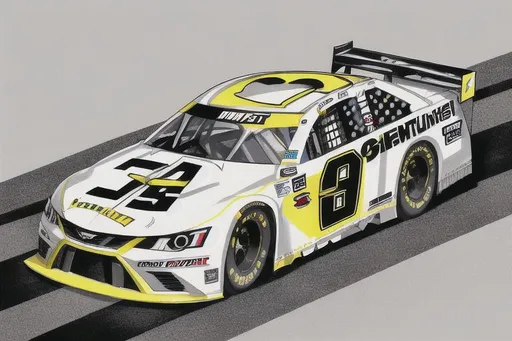 Prompt: Next Gen Nascar stock car, sponsored by OpenArt, white and dark grey color scheme