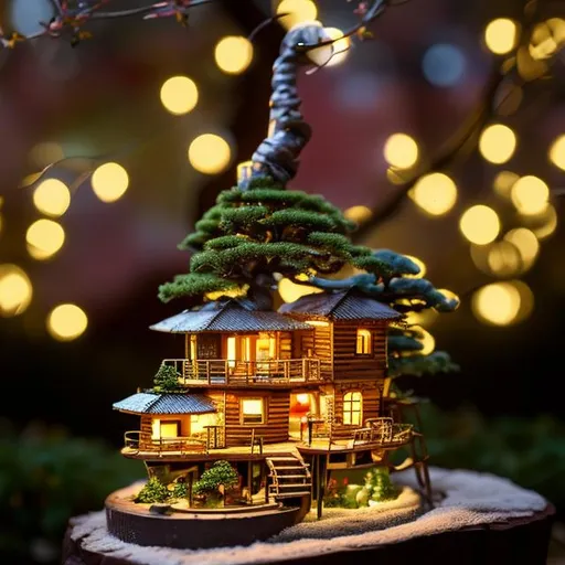 Prompt: tiny tree house with yellow cherry blossom bonsai and garden at night christmas lights
