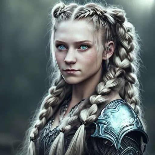 Prompt: Warrior princess, white long hair, beautiful simetrical face with bright blue eyes and wolf ears. Age around 30, soft light, realistic, braided hair and shield