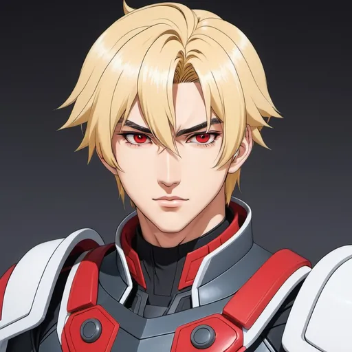 Prompt: Anime space mongol warrior youth, sci-fi armor, blond young man, cel shaded, manga, red eyes