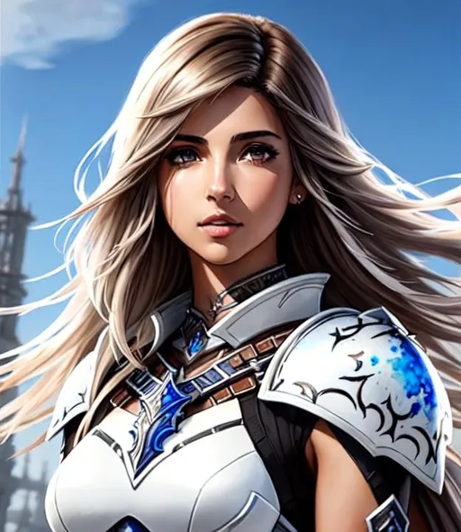 Prompt: a final fantasy watercolor concept art with Naomi Scott, brown hair, realistic face, in white Dragoon Artifact armor, parted bangs, brown eyes, detailed floating city background,  ethereal, jewelry set balayage wild hair, royal vibe, highly detailed, digital painting, Trending on artstation , HD quality, tan skin, Big Eyes,artgerm,by yoshitaka amano