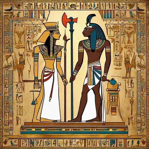 Prompt: A majestic representation of the Egyptian god Horus, depicted as a falcon-headed man holding an Ankh Cross, standing next to the Egyptian goddess Hathor, who is adorned with a Sun disk and cow horns, both set against a backdrop of ancient Egyptian hieroglyphics. Ensure the best resolution and high quality of the exquisite image.