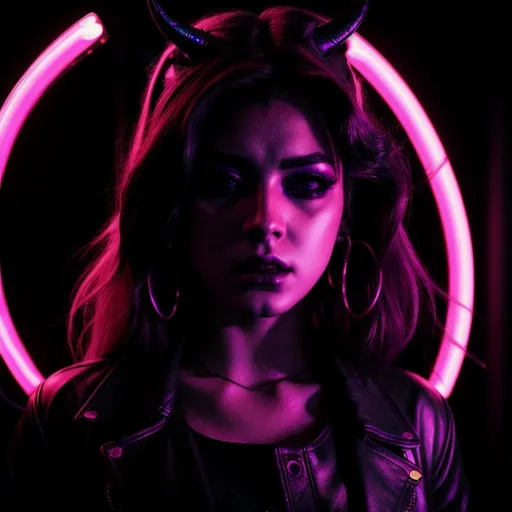 Prompt: beautiful female demon, hell, demonic, vaporwave, retro, neon, aesthetic, liminal, high quality, high definition, beautiful, dramatic lighting