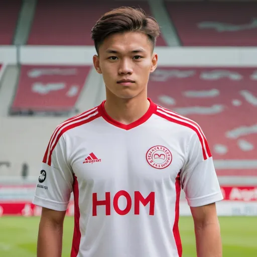 Prompt: Guy in late teens to early 20s whose father is Danish (and a smaller bit German) and whose mother is Chinese, Malaysian, and Taiwanese Filipina (he looks mixed). He is a footballer for Denmark national team and club AGF (soon transferring to Newcastle United, Tottenham Hotspur, Atletico Madrid, or Borussia Dortmund) as he shown wearing all 6 shirts in photo.