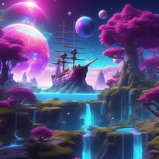 Prompt: Highly detailed video game level design, Fantasy RPG, Fantasy planet landscape with ship and moon, clouds, stars, planets, waterfalls, nebulae, mystical, purple, pink, blue, trending on artstation, beautiful, colorful, fantasy art, digital painting, hyperrealism, hyperdetailed, landscape, photorealistic, psychedelic, radiant,  vibrant, Has trees and an island, abandoned ship, has a mountain in the background