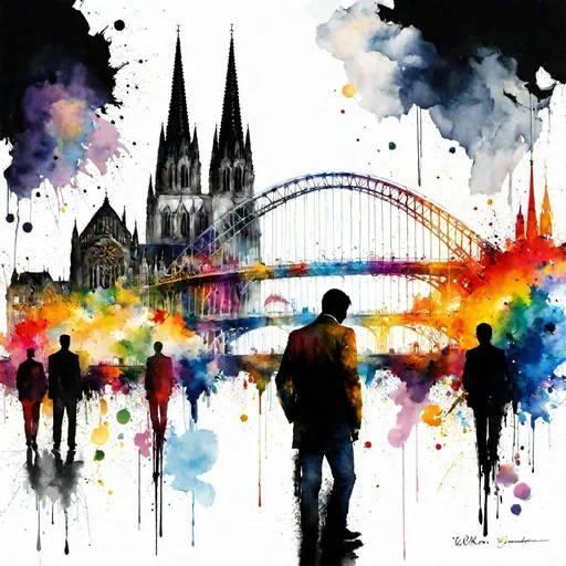 Prompt: cologne dome and the ring map of cologne city, by Willem Haenraets, rainbow-watercolor, wet on wet and splattering techniques, centered, perfect composition, abstraction, surrealism