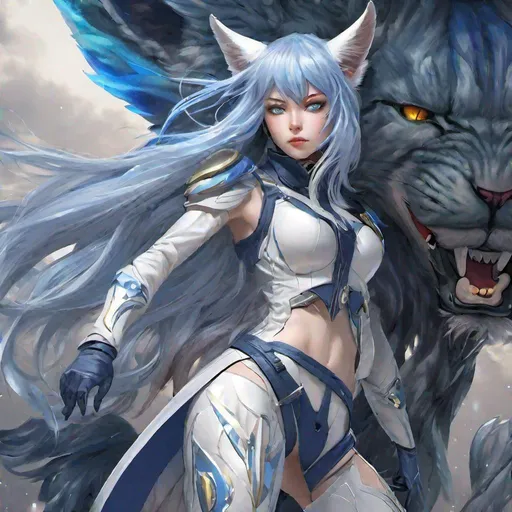 Prompt: An anime girl, fighting against aliens, protecting her friends, she has long blue hair fringeless, pale skin, grey eyes with cat-like iris, lynx ears that are grey, and blue latex outfit, intricate facial detail, itnricate eye detail, intricate details,  hyperrealistic full body pose, hyperrealistic ethereal, dark blue and long hair, white lynx ears, sharp jaw, hyperrealistic golden cat eyes , hyperrealistic human nose, hyperrealistic lips, ethereal, divine, hyperrealistic face, hyperrealistic pale skin, intricate eye detail, pale skin, (dark blue latex outfit), fringeless, forehead showing, highly detailed concept art,  , hd octane, intricate quality, HD, trending on artstation, fringeless, forehead showing ,highly detailed concept art, high resolution scan, hd octane render, intricate detailed, highly detailed face, unreal engine, trending on artstation, UHD, 8k, Very detailed