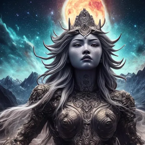 Prompt: (extremely detailed) (hyper realistic) (sharp detailed) (cinematic shot) (masterpiece)female god from above, centered, moonlight, extraordinary shot, night sky, mountains, river, stars, nebula ,clouds, stunning beauty, 2D illustration, high resolution, reflactions.
