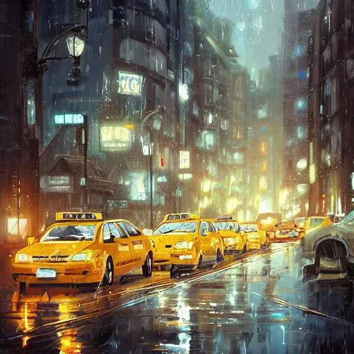 Prompt: one single taxi cab driving down a rainy country road, gaslight, street lamps. Anime, By Makoto Shinkai, Stanley Artgerm Lau, WLOP, Rossdraws, James Jean, Andrei Riabovitchev, Marc Simonetti, krenz cushart, Sakimichan, trending on ArtStation, digital art.