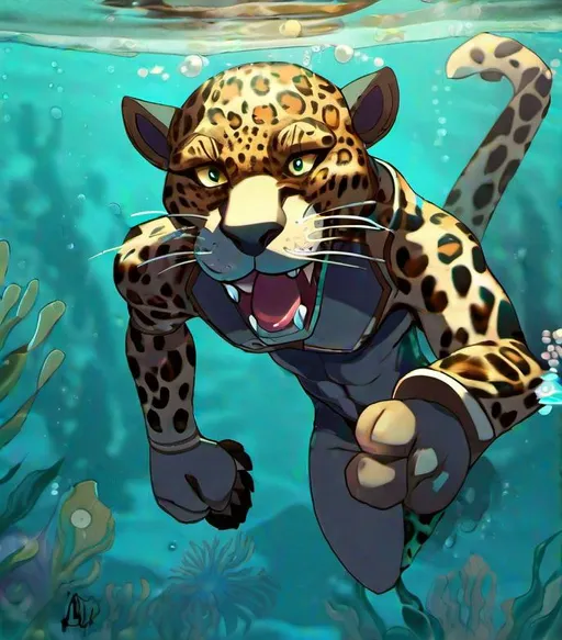 Prompt: Anthro furry humanoid jaguar swimming underwater,  full body, ocean