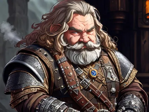 Prompt: An old dwarven bounty hunter from the D&D,  in steam-punk armor, d&d artificer artillerist character, Lord of the Rings, Gimli, armed with a steam-powered rifle, rocket launcher on the right gauntlet, chainmail, full body character portrait, dark fantasy, bearded face, digital portrait, UHD, HDR, 8K, RPG, UHD render, HDR rendering, 3D render cinema 4D, cinematic light, high res intricately detailed complex.