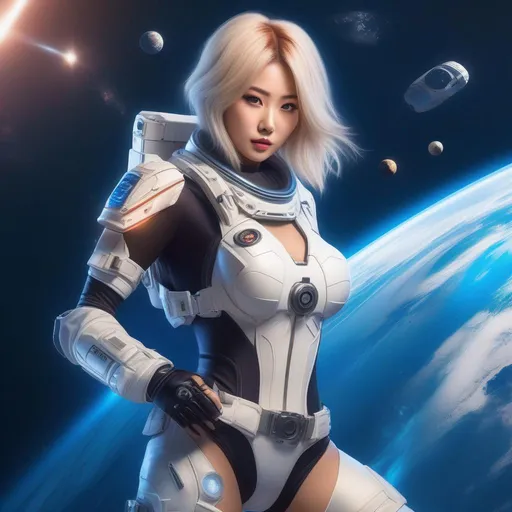 Prompt: An Asian woman with dyed blond hair, wearing a skimpy astronaut uniform, large shoulder pads,  visible thighs, cyborg, space background, wide hips, {{{masterpiece}}}, action pose, UHD, armed with a pistol, perfect hands, abs,