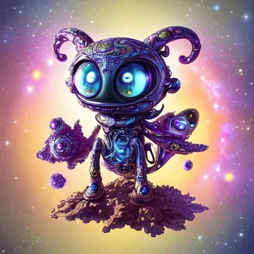 Prompt: hitchhiker's galaxy, an adorable chibi alien in spaceship, gorgeous eyes, sparks, Michael Kaluta, Aleksandr Kuskov, Christophe Heughe, Adobe After Effects, Post-Production, SFX, detailed, intricate, maximalist, elegant, ornate, realistic, super detailed, serene, 16k resolution, 3ds max, vray