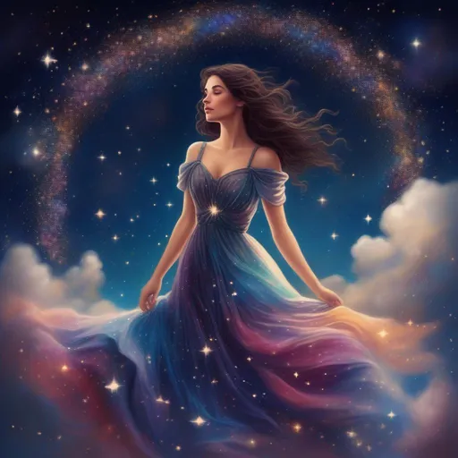 Prompt: A colourful, beautiful brunette, Persephone, in a beautiful flowing dress made of stars. Framed by a nighttime sky of clouds, stars and constellations. In a photorealistic painted Disney style.