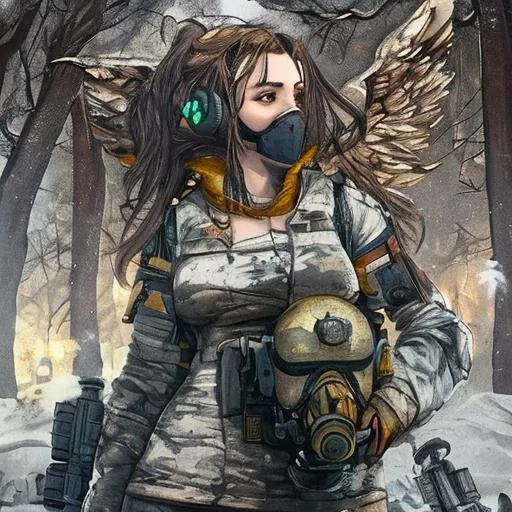 Prompt: Beautiful female angel, trees, nuclear winter, burning objects, guns, gas mask, lots of color, cyberpunk