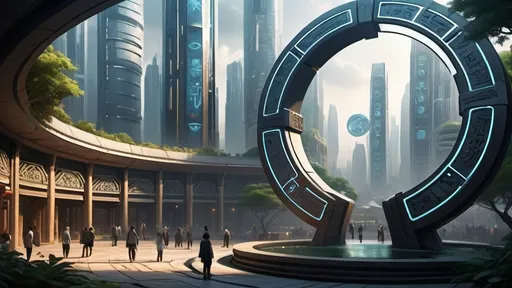Prompt: magical portal between cities realms worlds kingdoms, circular portal, ring standing on edge, upright ring, freestanding ring, hieroglyphs on ring, complete ring, ancient chinese architecture, gardens, hotels, office buildings, shopping malls, large wide-open city plaza, turned sideways view, futuristic cyberpunk tech-noir setting
