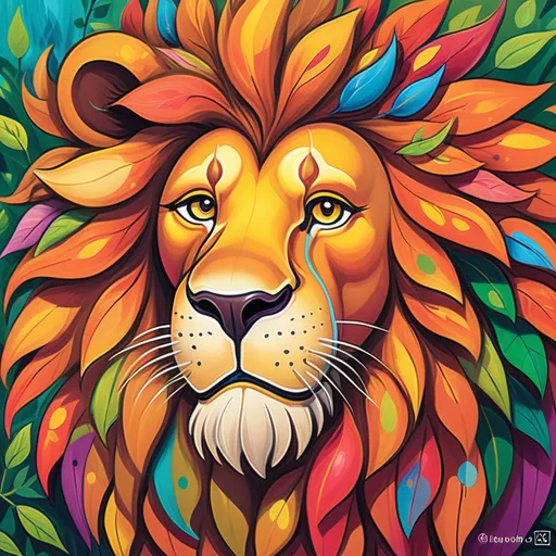 Prompt: (colorful cartoon painting of a lion), vibrant hues, playful expression, exaggerated features, vivid background, whimsical forest setting, dynamic pose, bold outlines, artistic style reminiscent of children’s books, emphasis on happiness and energy, high-quality (ultra-detailed) artwork, cheerful atmosphere, artistic masterpiece, capturing the spirit and playfulness of the jungle.