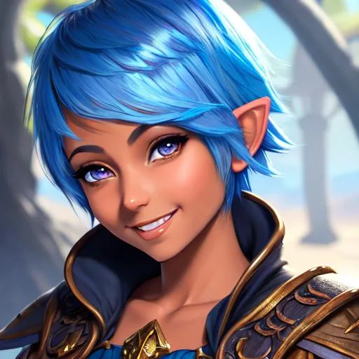 Prompt: oil painting, D&D fantasy, tanned-skinned-gnome girl, tanned-skinned-female, short, beautiful, short bright blue hair, long pixie cut hair, smiling, pointed ears, looking at the viewer, Wizard wearing intricate adventurer outfit, #3238, UHD, hd , 8k eyes, detailed face, big anime dreamy eyes, 8k eyes, intricate details, insanely detailed, masterpiece, cinematic lighting, 8k, complementary colors, golden ratio, octane render, volumetric lighting, unreal 5, artwork, concept art, cover, top model, light on hair colorful glamourous hyperdetailed medieval city background, intricate hyperdetailed breathtaking colorful glamorous scenic view landscape, ultra-fine details, hyper-focused, deep colors, dramatic lighting, ambient lighting god rays, flowers, garden | by sakimi chan, artgerm, wlop, pixiv, tumblr, instagram, deviantart