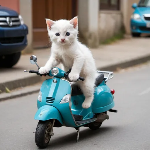 Prompt: Kitten riding on a scooter