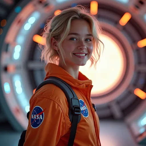 Prompt: (central content: young woman, 19 years old, shortblonde, frizzy hair), bright smile, cute and pretty features, (NASA colors and style), huge spaceship backdrop, (comfortable and light elegant costume), futuristic design, Mars terraforming scene, vivid colors, spacious interior, ambient lighting, charming atmosphere, (HD, ultra-detailed), adventurous vibe, engaging expression, dynamic composition, striking visuals.