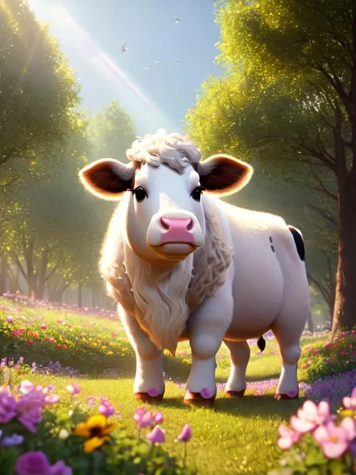 Prompt: Disney Pixar style cow highly detailed, extra fluffy, intricate, big eyes, adorable, beautiful, soft dramatic lighting, light shafts, radiant, ultra high quality octane render, daytime forest background, field of flowers, bokeh, hypermaximalist,