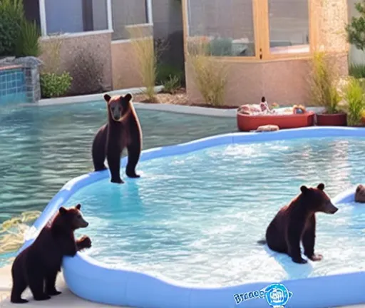 Prompt: Bears in a backyard pool