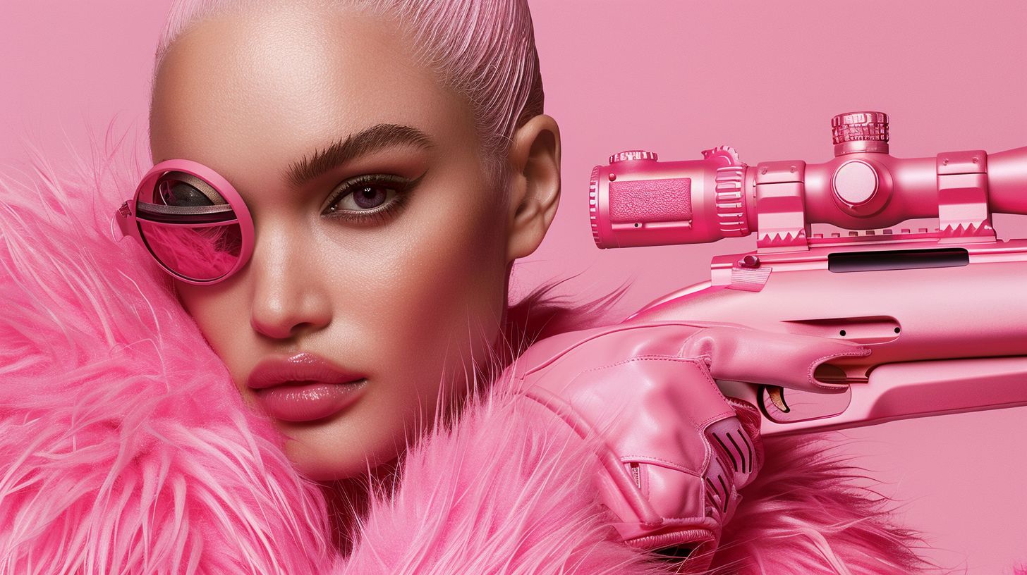 Prompt: high end pink fluffy fur supdermodels pose with pink fluffy fur weapons