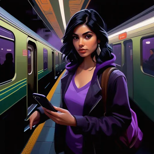 Prompt: Third person, gameplay, Mexican girl, pale olive skin, black hair, dark brown eyes, 2020s, smartphone, NYC subway station, foggy, dark purple atmosphere, cartoony style, extremely detailed painting by Greg Rutkowski and by Henry Justice Ford and by Steve Henderson 